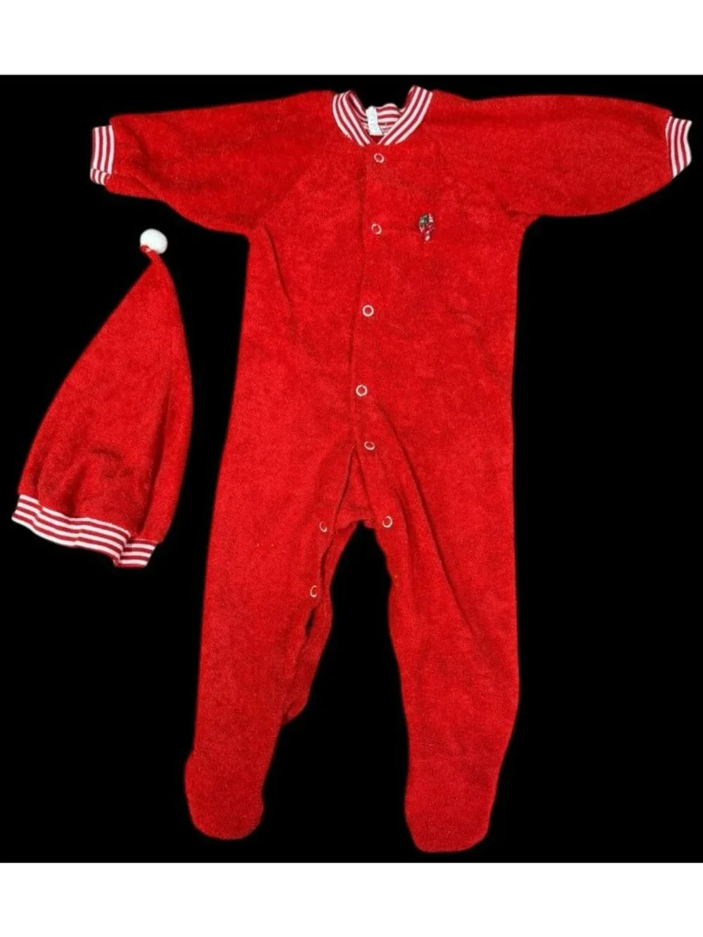 Vintage 1980s Alexis Terry Cloth 2T Sleeper Christmas Candy Cane Red Cap Toddler